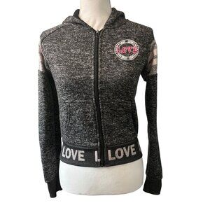 New Look Womens Gray & Pink Love Patch Cropped Zip-Up Hoodie W/ Striped Sleeves
